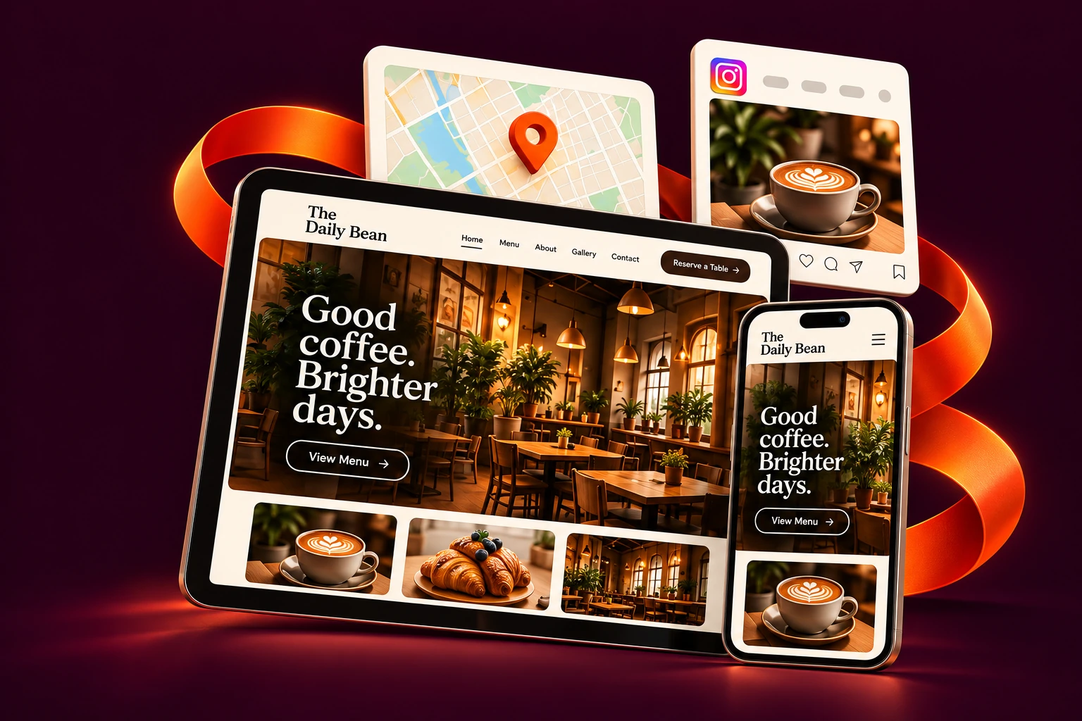 Illustrative cafe website on a tablet and phone, with map and social cards